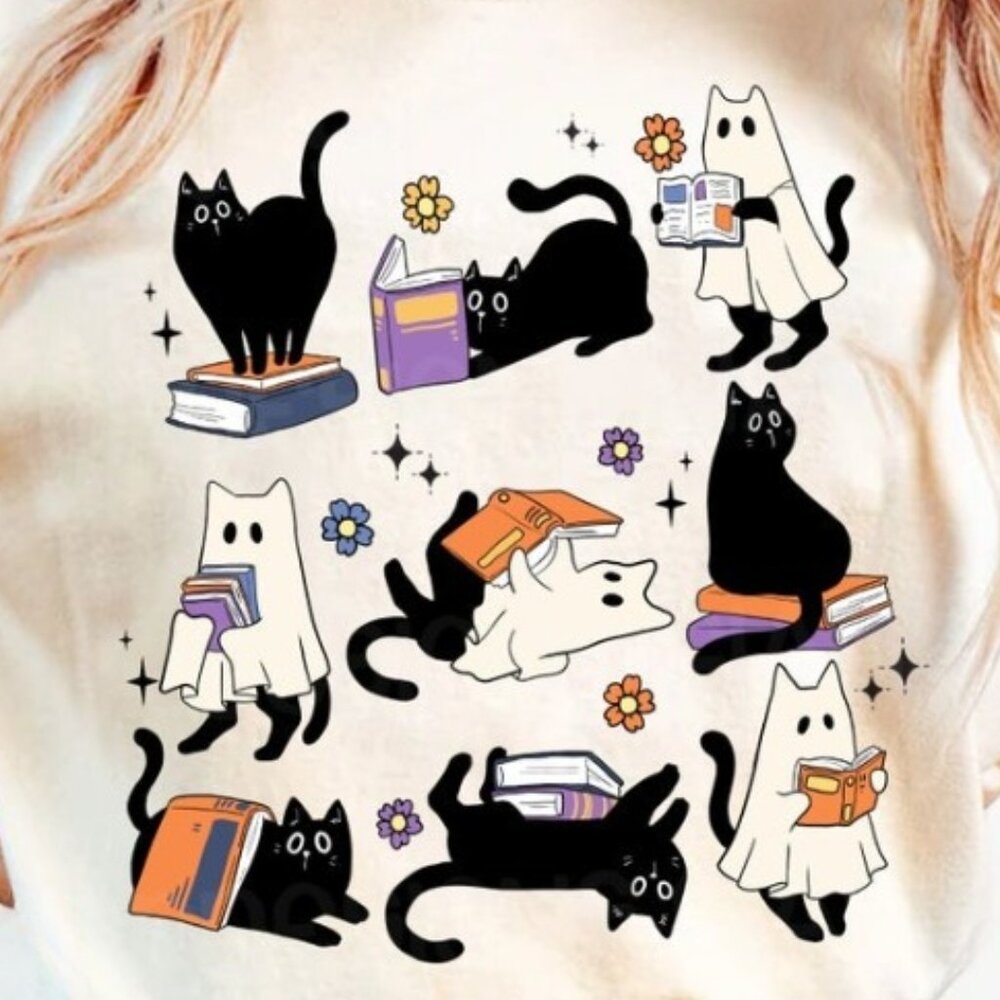 Halloween Cat Tee, Cat And Book Tee - Picture 2 of 4